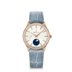 Zenith ELITE Moonphase Watch Silver-Tone Dial Blue Leather Strap, 36mm
