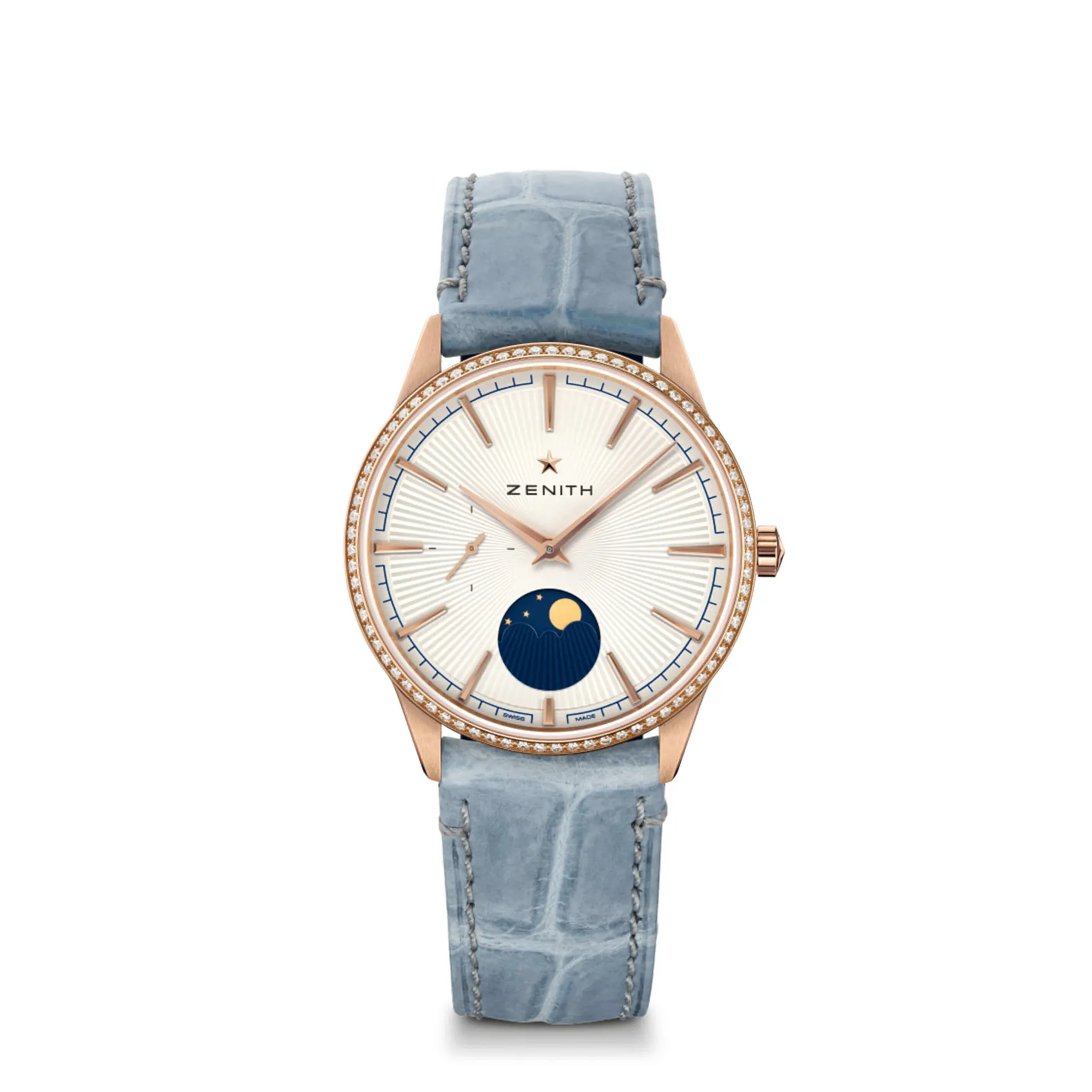 Zenith ELITE Moonphase Watch Silver-Tone Dial Blue Leather Strap, 36mm