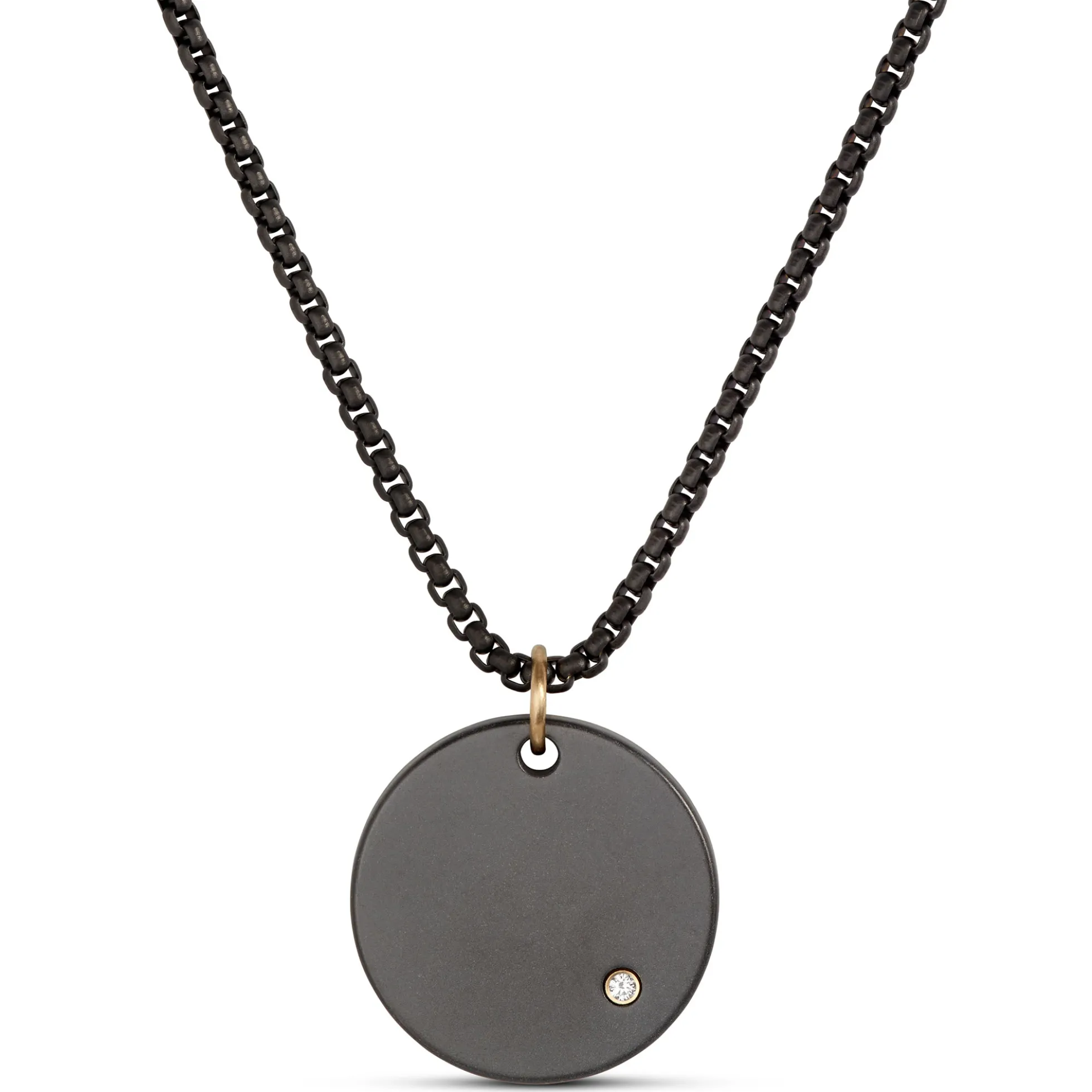 Zirconium Disc Pendant on 24mm Black Stainless-Steel Chain